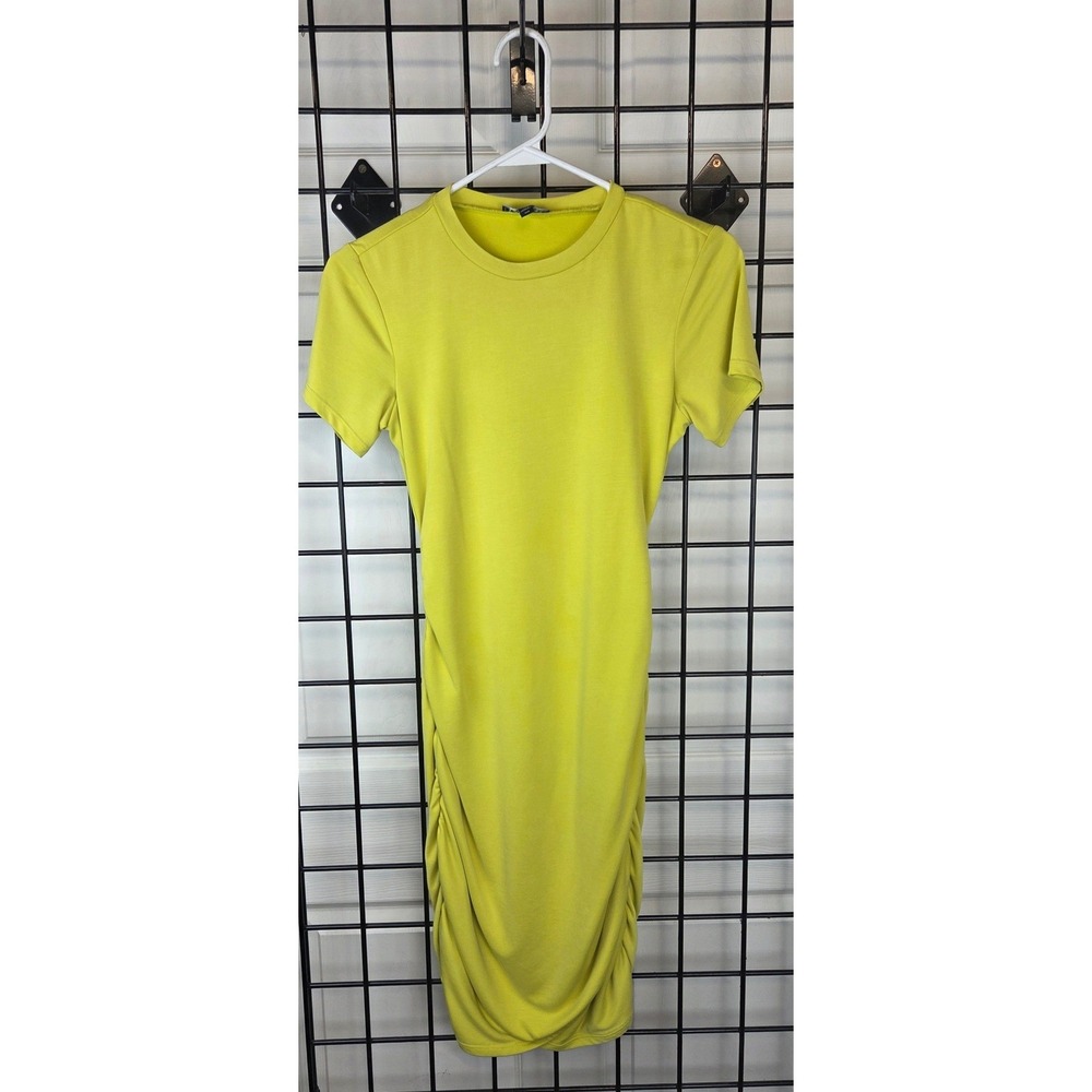Express T-Shirt Dress XXS Crew Neck Chartreuse Neon Yellow Ruched Beach Bodycon - Picture 2 of 8